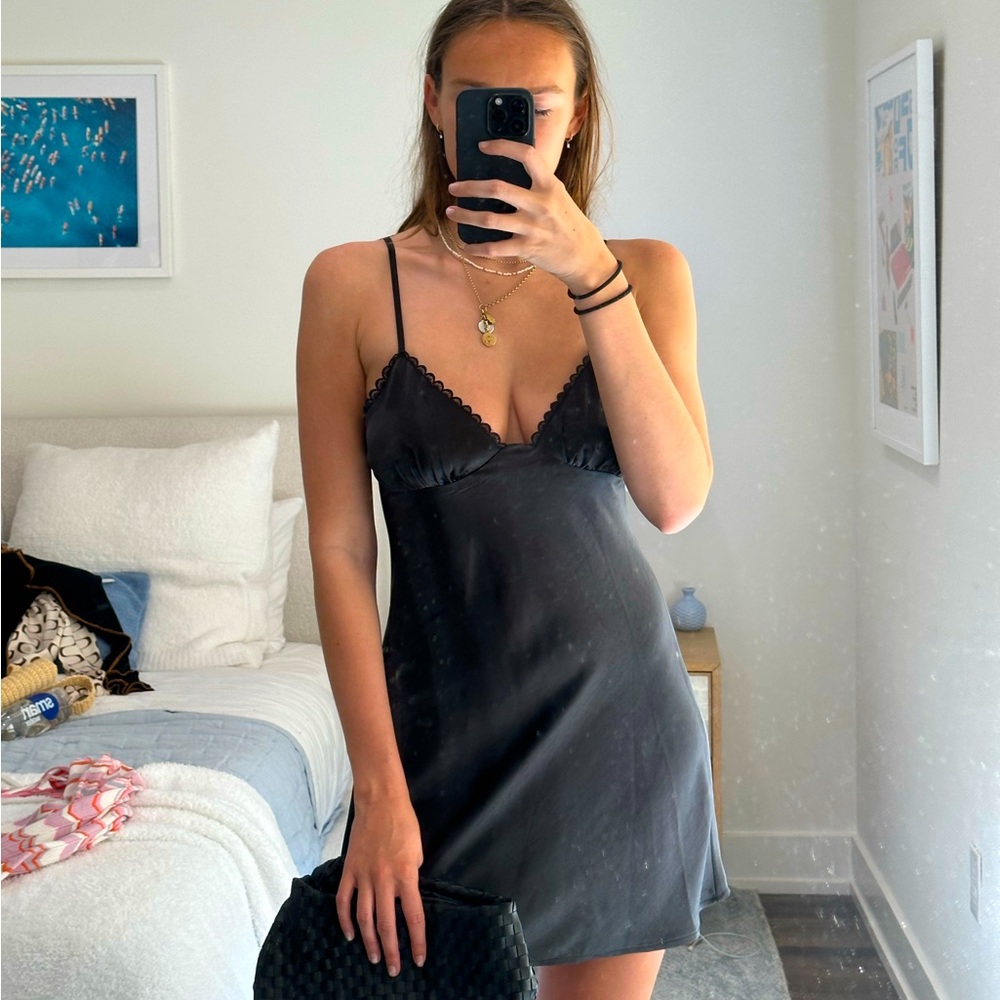 Black Silk Mini Dress with Lace Trimming